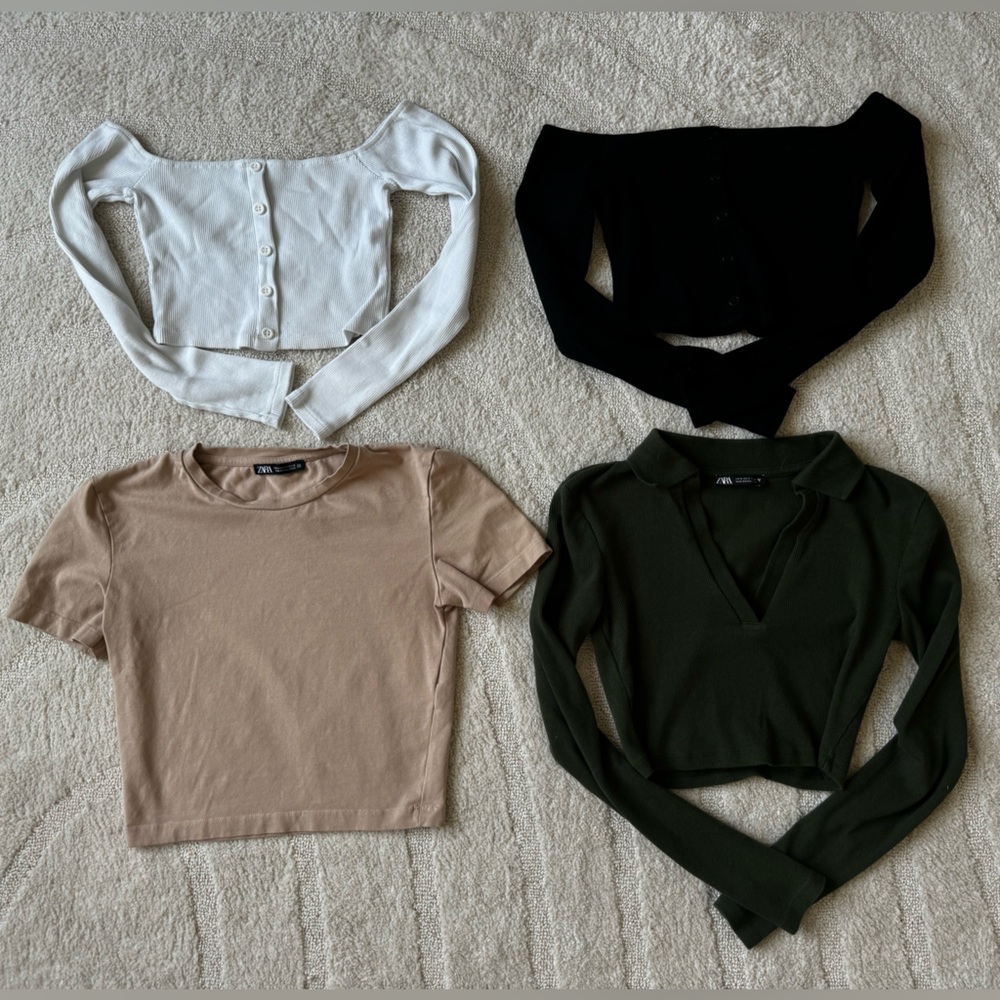 **4 ZARA CROP TOPS BUNDLE*** White Black Olive Green Tan Crop Tops Sizes XS/S